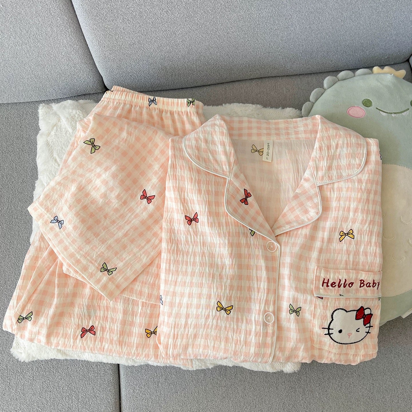 Kitty Bow Plaid Padded Nightsuit Set